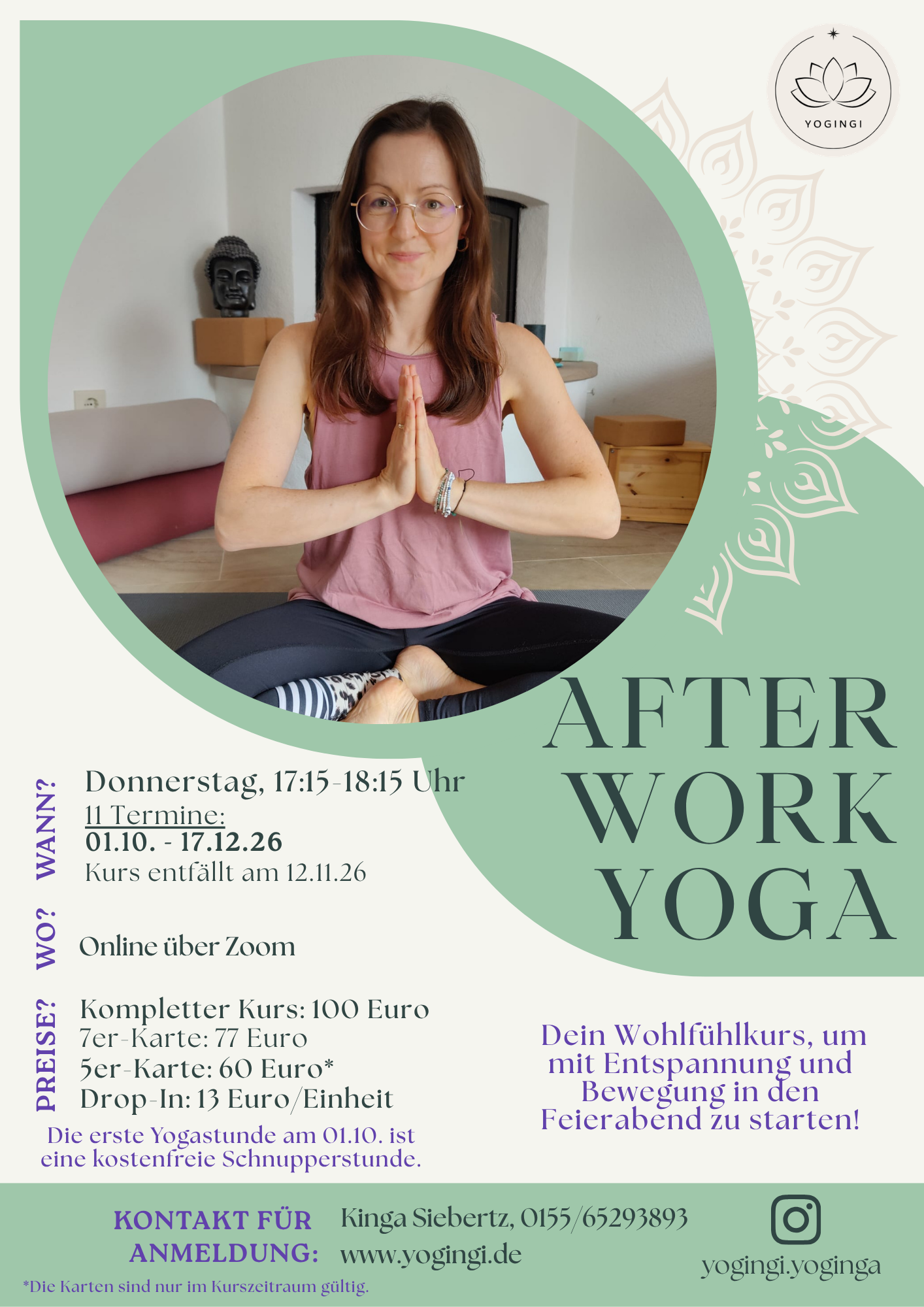Onlineyogakurs am Nachmittag, jeden Donnerstag von 17:15-18:15 Uhr.